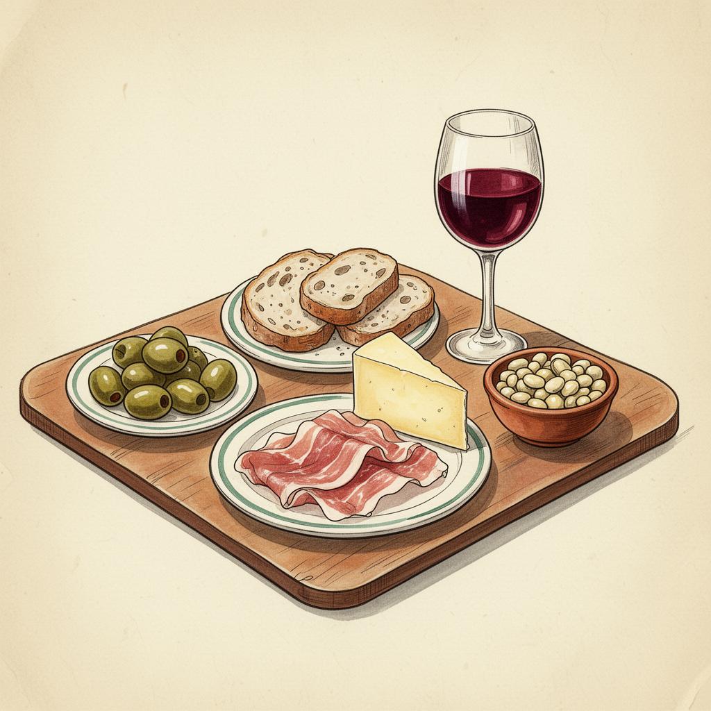 Petiscos spread — grilled sardines, olives, bread, cheese, and vinho verde