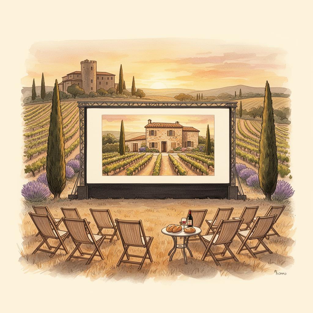 Open-air cinema on a European coastal terrace at dusk